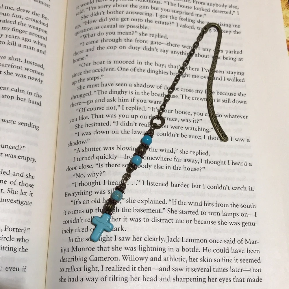 Metal Shepherd's Hook Bookmark w/Chain Metal Beads Turq Magnesite Gemstone Beads
